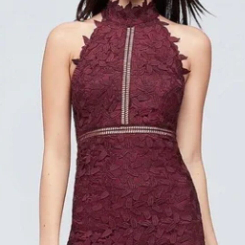 Bardot Short Lace High-Neck Dress with Illusion Details- Burgundy - Size 6/S